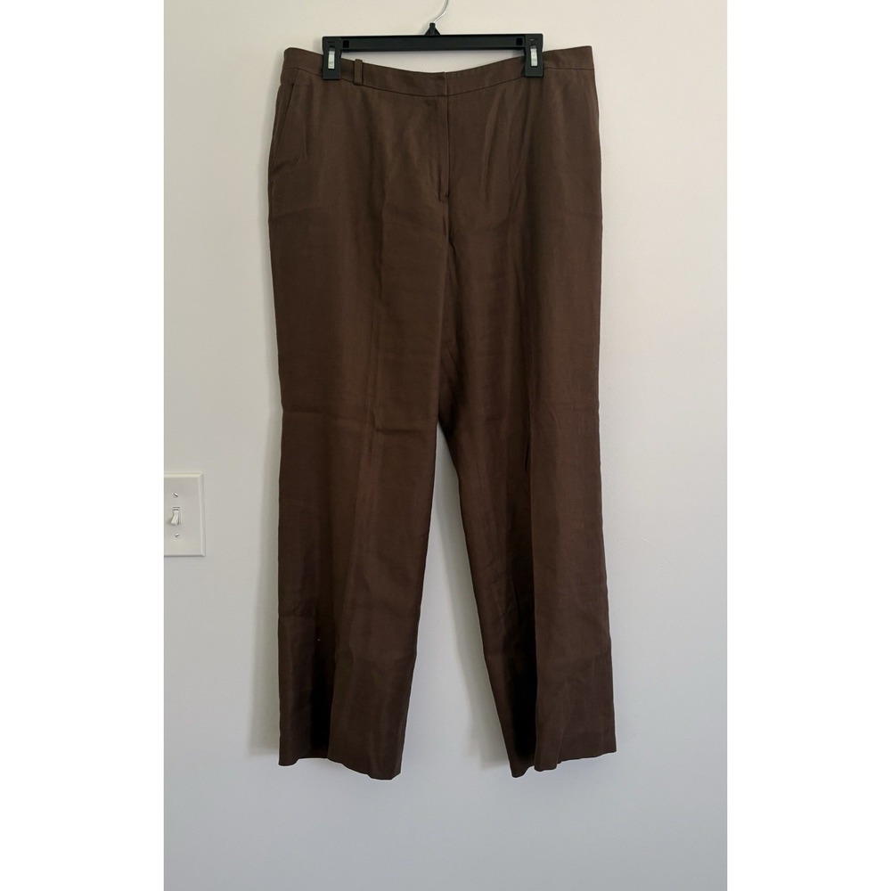 Talbots Irish Linen Trousers Women's 14P Brown Flat Front Lined Straight Leg Lux